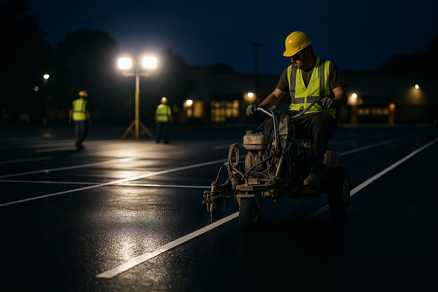 Magic Maintenance USA crew striping a commercial parking lot at night under work lights