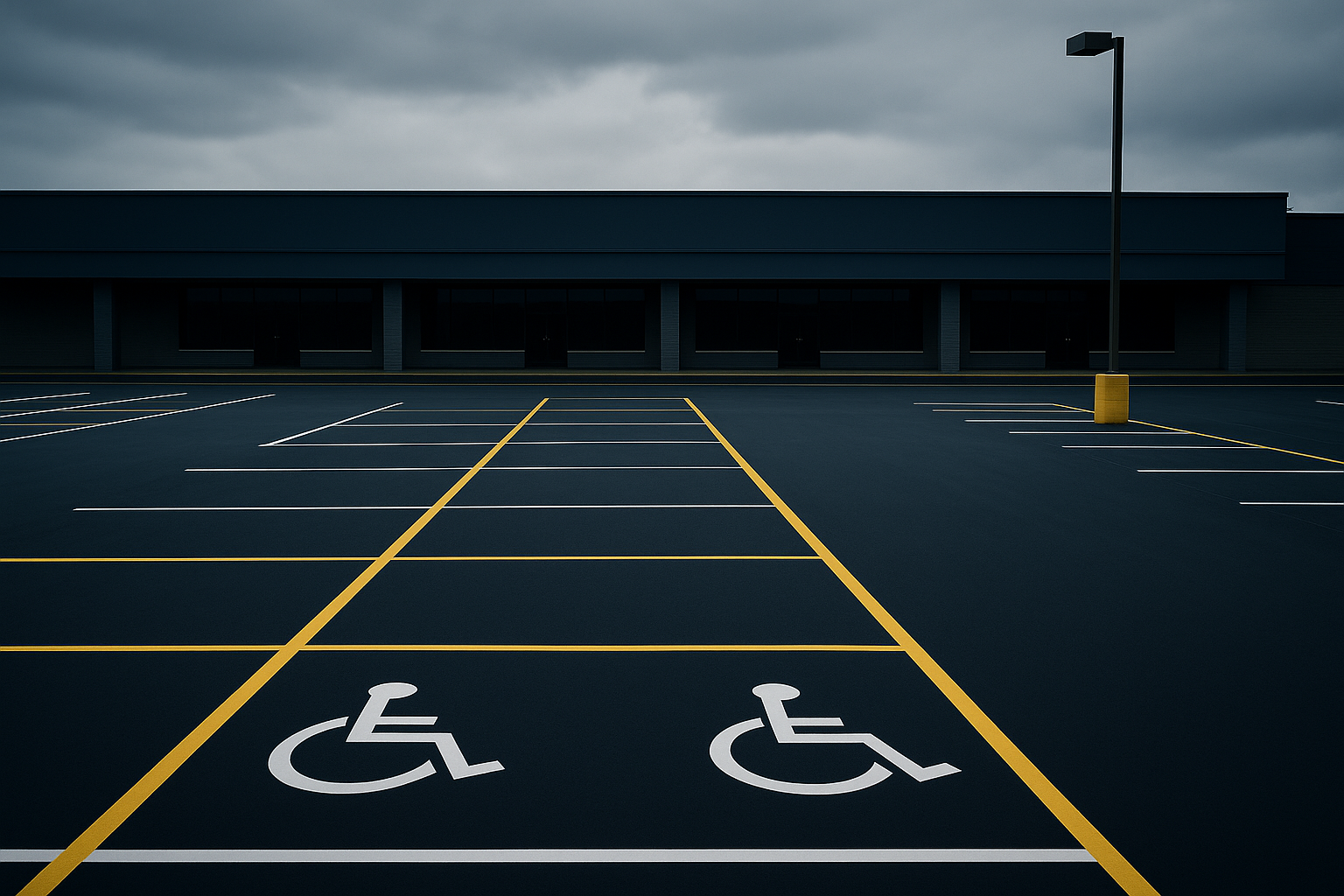 The same commercial parking lot restored with fresh sealcoat and crisp new striping by Magic Maintenance USA