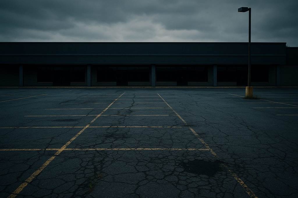 Commercial parking lot with cracked asphalt and faded striping