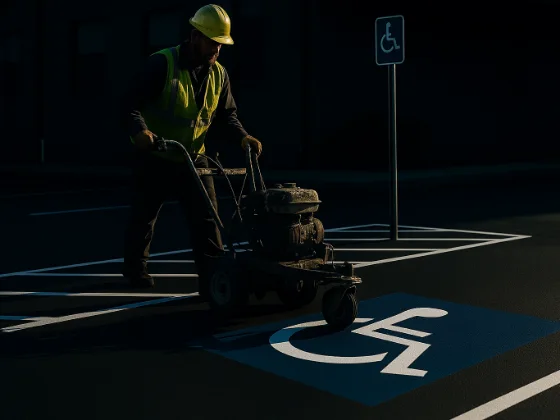 Crew member stenciling a blue accessible-parking symbol beside an ADA sign post
