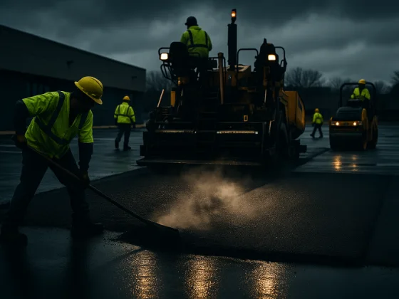 Paving crew working behind a paver laying hot asphalt on a commercial lot at night