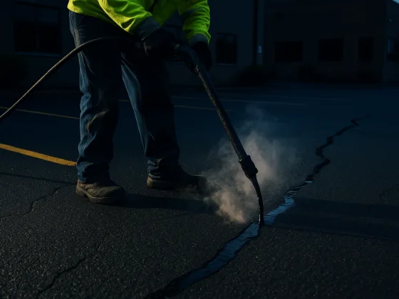 Hot rubberized sealant being applied along a crack in dark asphalt