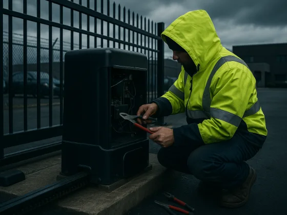 Technician working inside the housing of a commercial gate operator