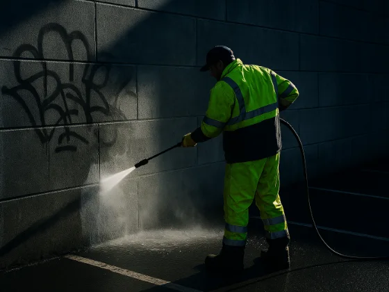Crew member stripping graffiti off a block wall with a pressure washer