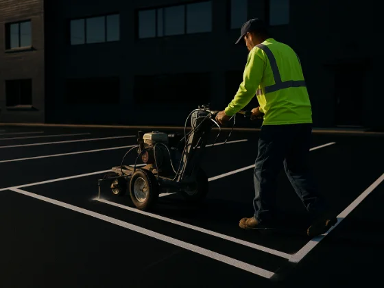 Crew member walking a line-striping machine along a fresh white stall line at night