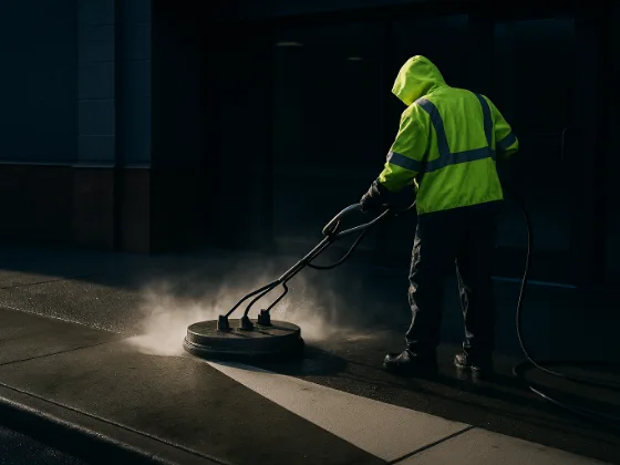 Surface-cleaner attachment pressure washing a concrete walkway under work lights