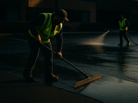 Crew member pulling a squeegee of fresh black sealcoat across a commercial lot