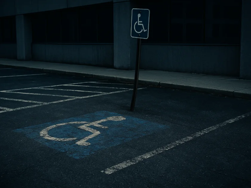 Faded blue accessible-parking symbol on asphalt beside a white-hatched access aisle, the accessible sign leaning on a bent post at the head of the space