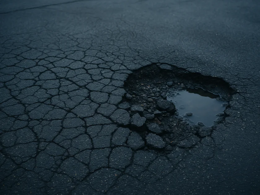 Interconnected alligator cracking spreading around a water-filled pothole in dark asphalt