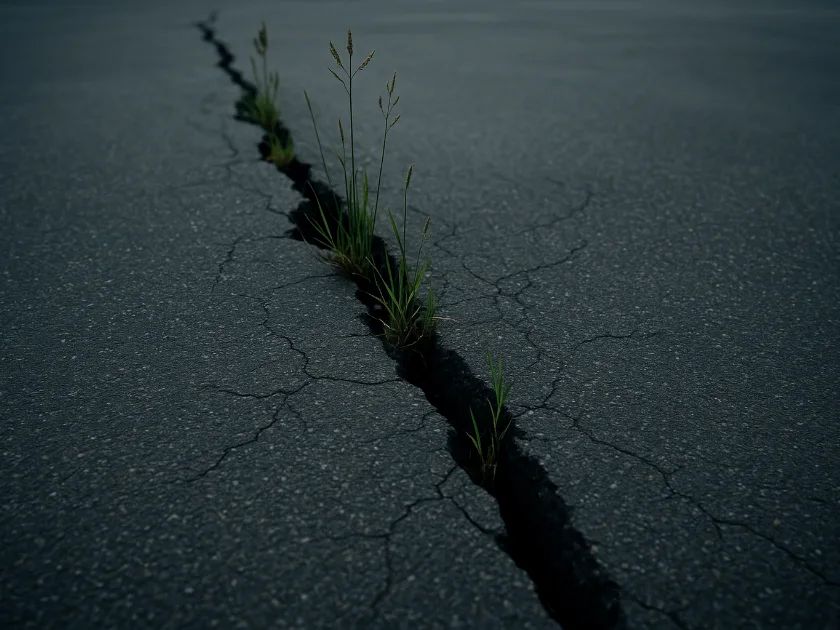 Wide open crack through asphalt with grass growing out of it and finer cracks branching away into the surface