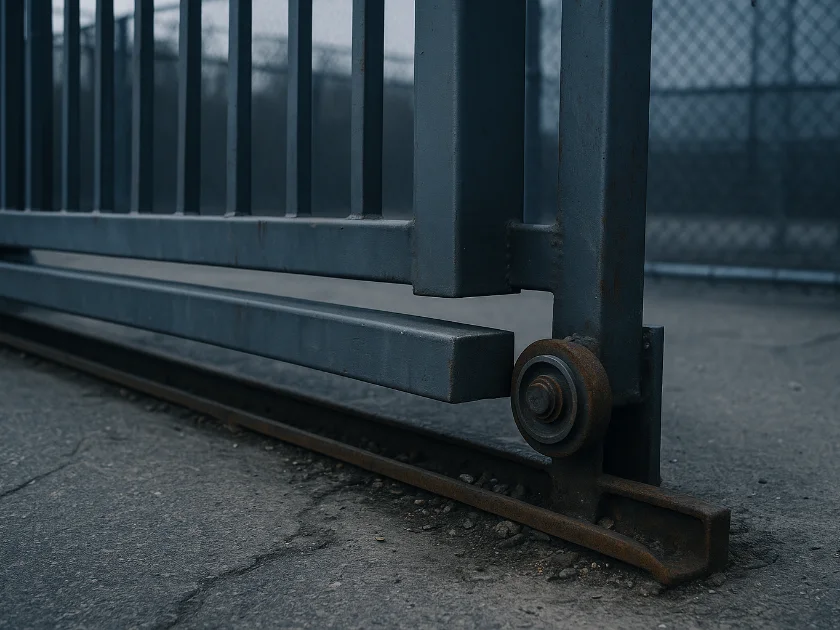 Base of a commercial sliding gate on a worn roller above a rusted floor track, chain-link fencing behind
