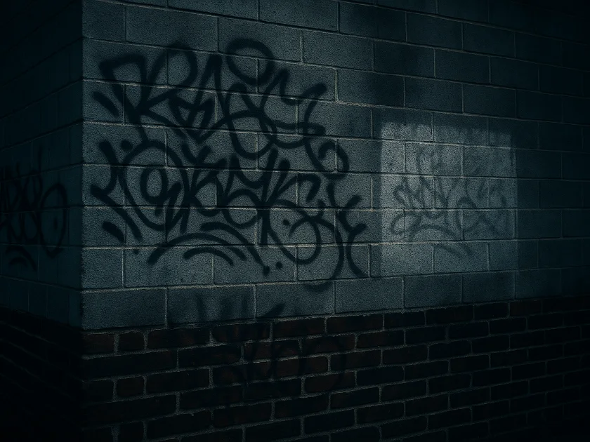 Spray-paint tagging across a painted block wall beside a pale ghosted patch where an earlier removal was done