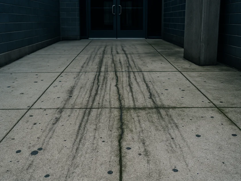 Dirty concrete walkway at a building entrance with black streaking, algae growth in the joints and flattened gum spots
