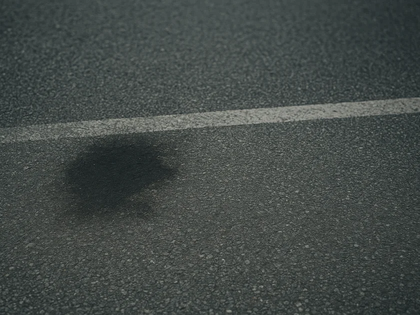 Gray oxidized asphalt with loose aggregate showing through the worn surface and a dark oil stain soaked in below a white stall line