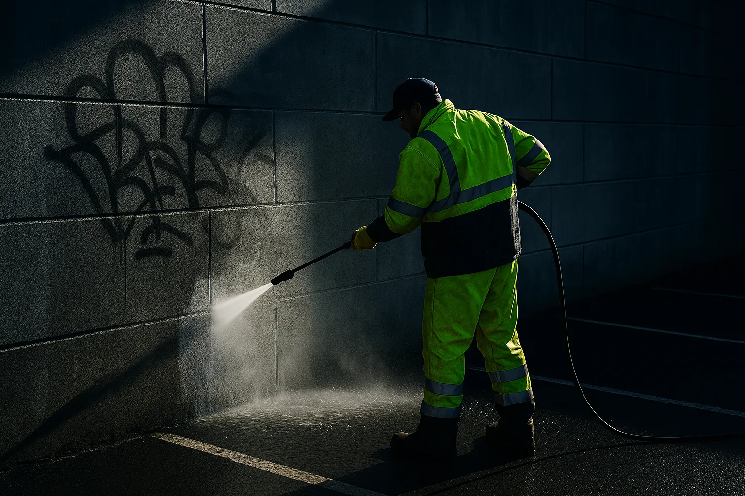 Crew member stripping graffiti off a block wall with a pressure washer