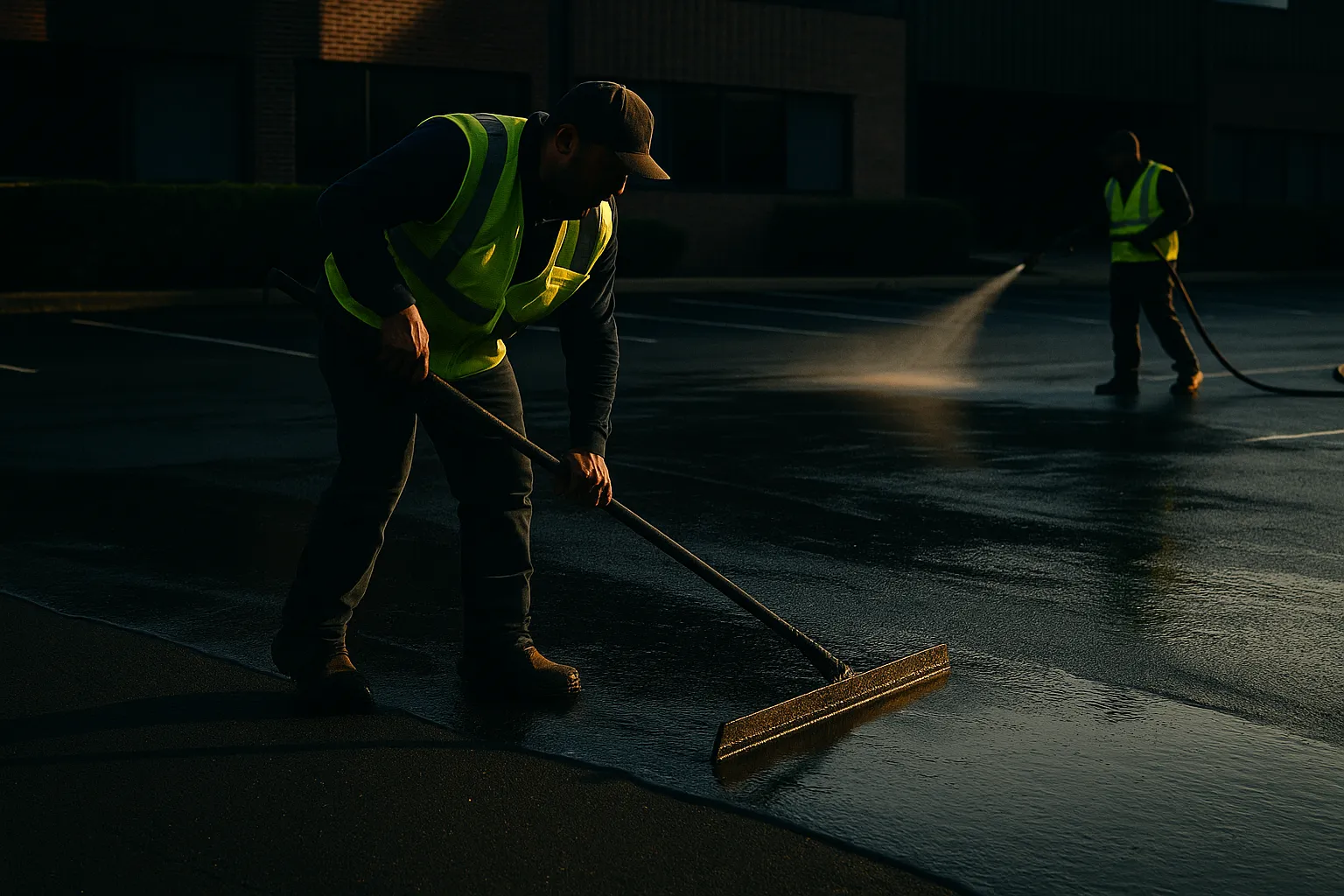 Crew member pulling a squeegee of fresh black sealcoat across a commercial lot