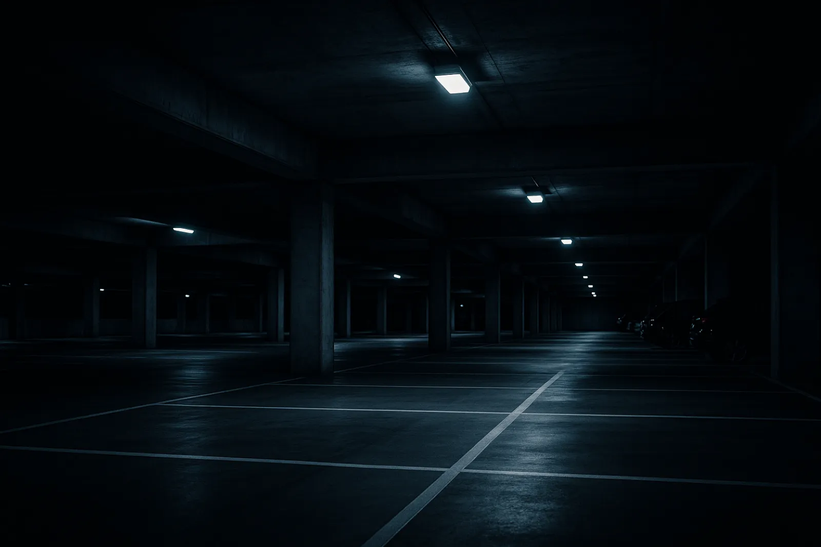 Interior of a commercial parking garage at night with fresh white stall lines and overhead lighting